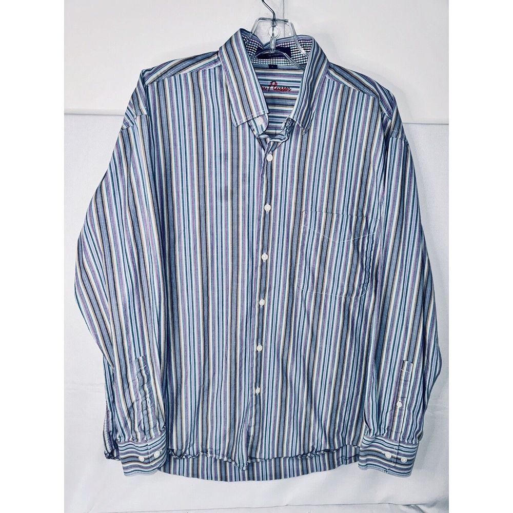 Alan Flusser Men's Large L Button Up Shirt Long Sleeve Blue Purple‎ Stripes - Picture 2 of 4